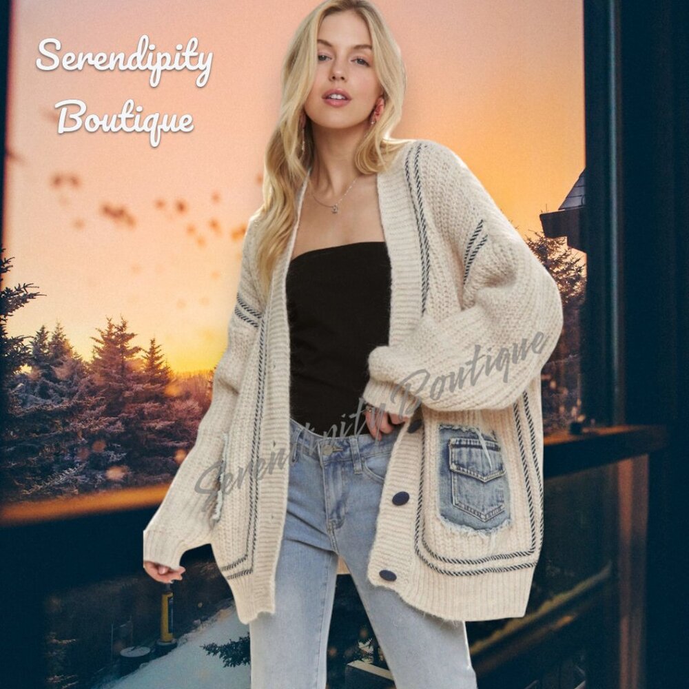 Softest Sweater You'll Ever Wrap Around Your Body Chunky Boho Denim Accent Cardi - Picture 4 of 11